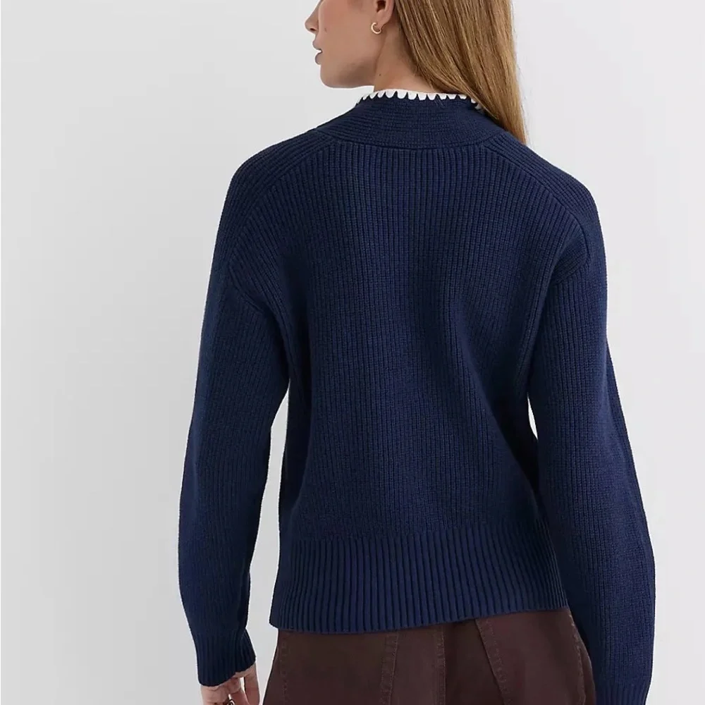 BNWT Loft Contrast Stitched Tie Neck Sweater Deep Blue - Picture 3 of 5
